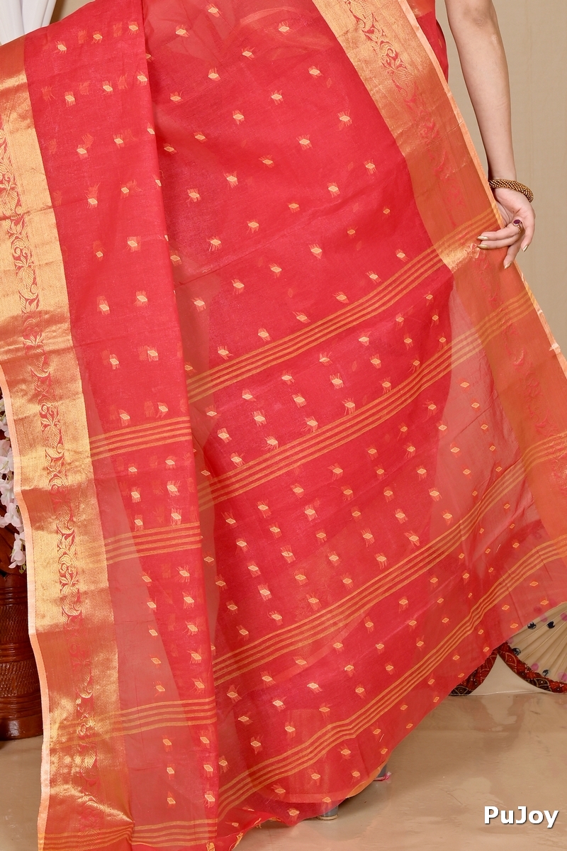 Red Pure Cotton Churi_Par Tant Saree (860)