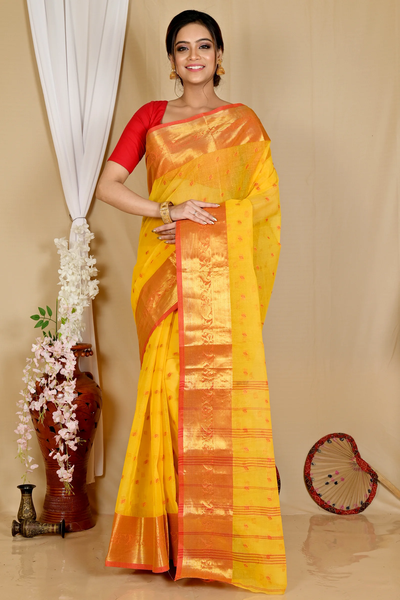 Yellow Pure Cotton Churi_Par Tant Saree (861)