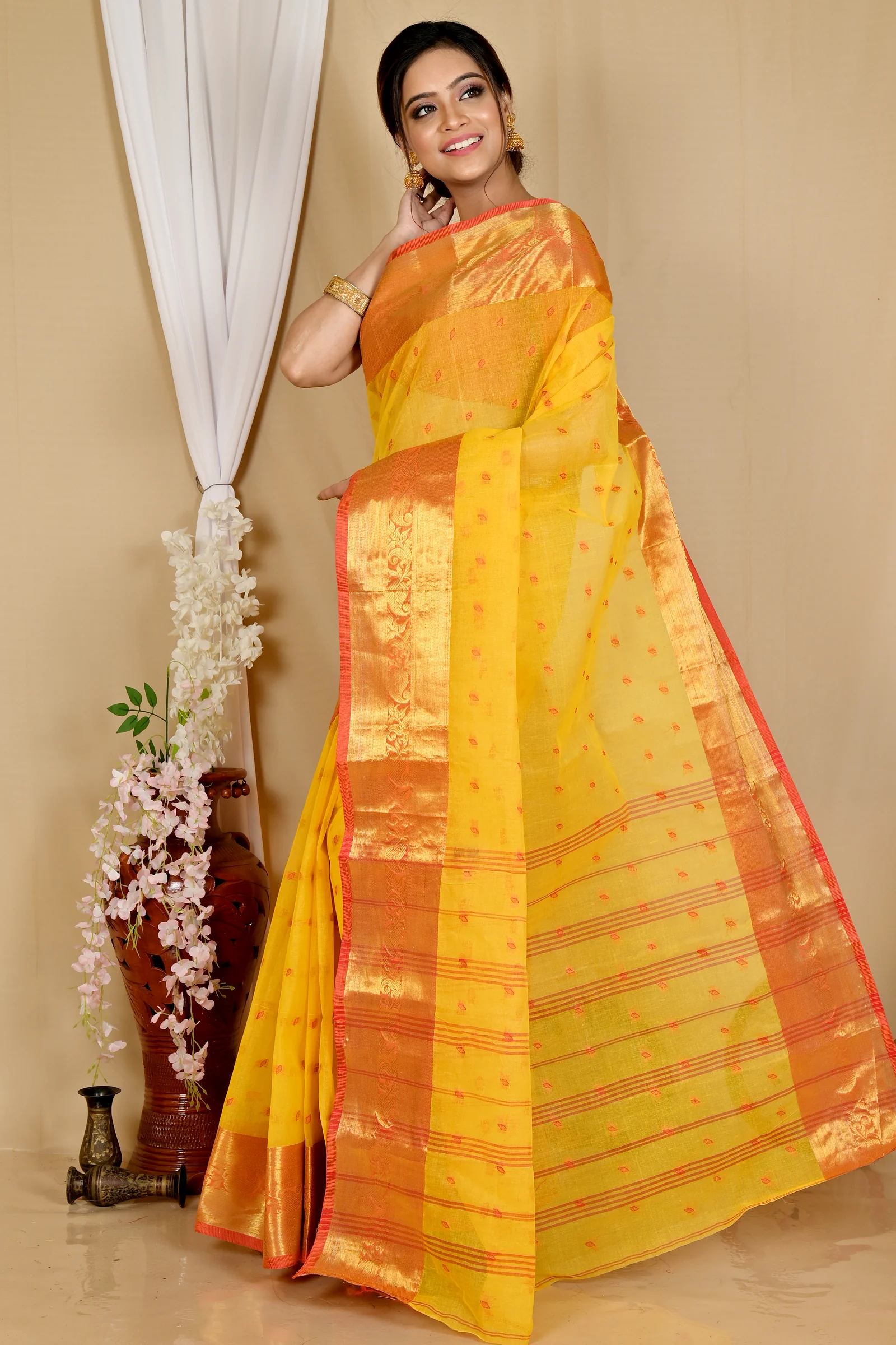 Yellow Pure Cotton Churi_Par Tant Saree (861)