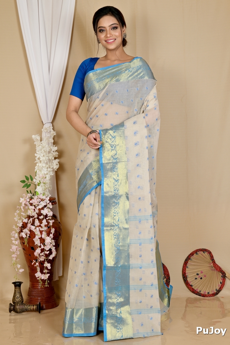 Off-White Pure Cotton Churi_Par Tant Saree (863)