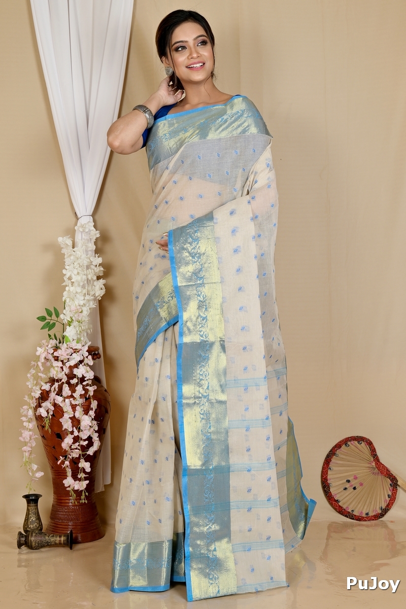 Off-White Pure Cotton Churi_Par Tant Saree (863)