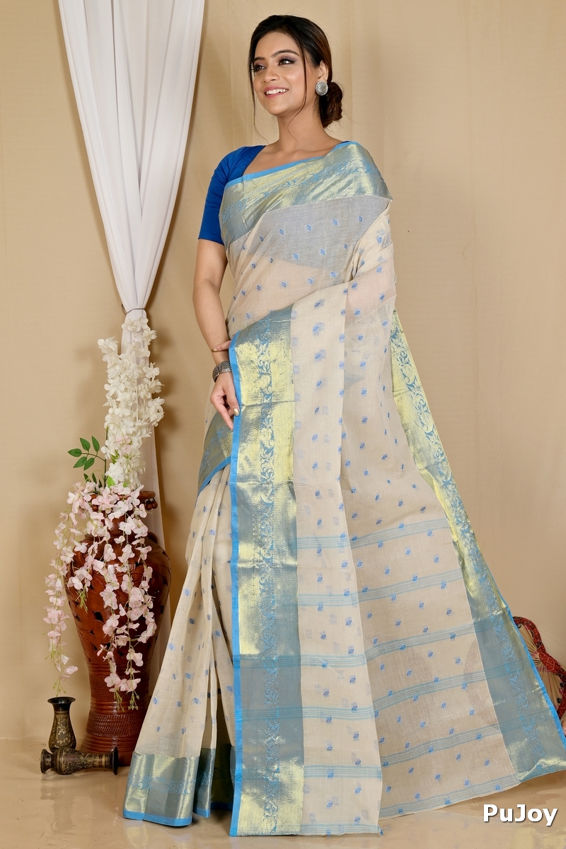 Off-White Pure Cotton Churi_Par Tant Saree (863)