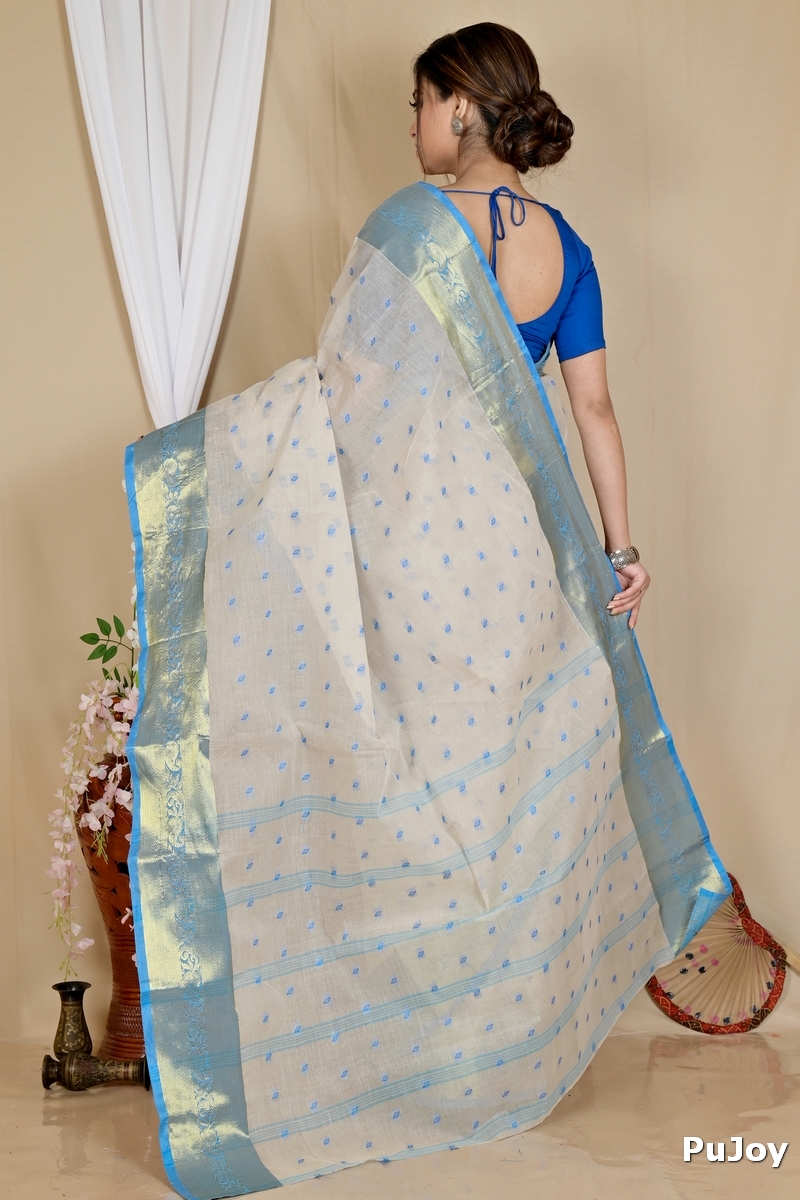 Off-White Pure Cotton Churi_Par Tant Saree (863)