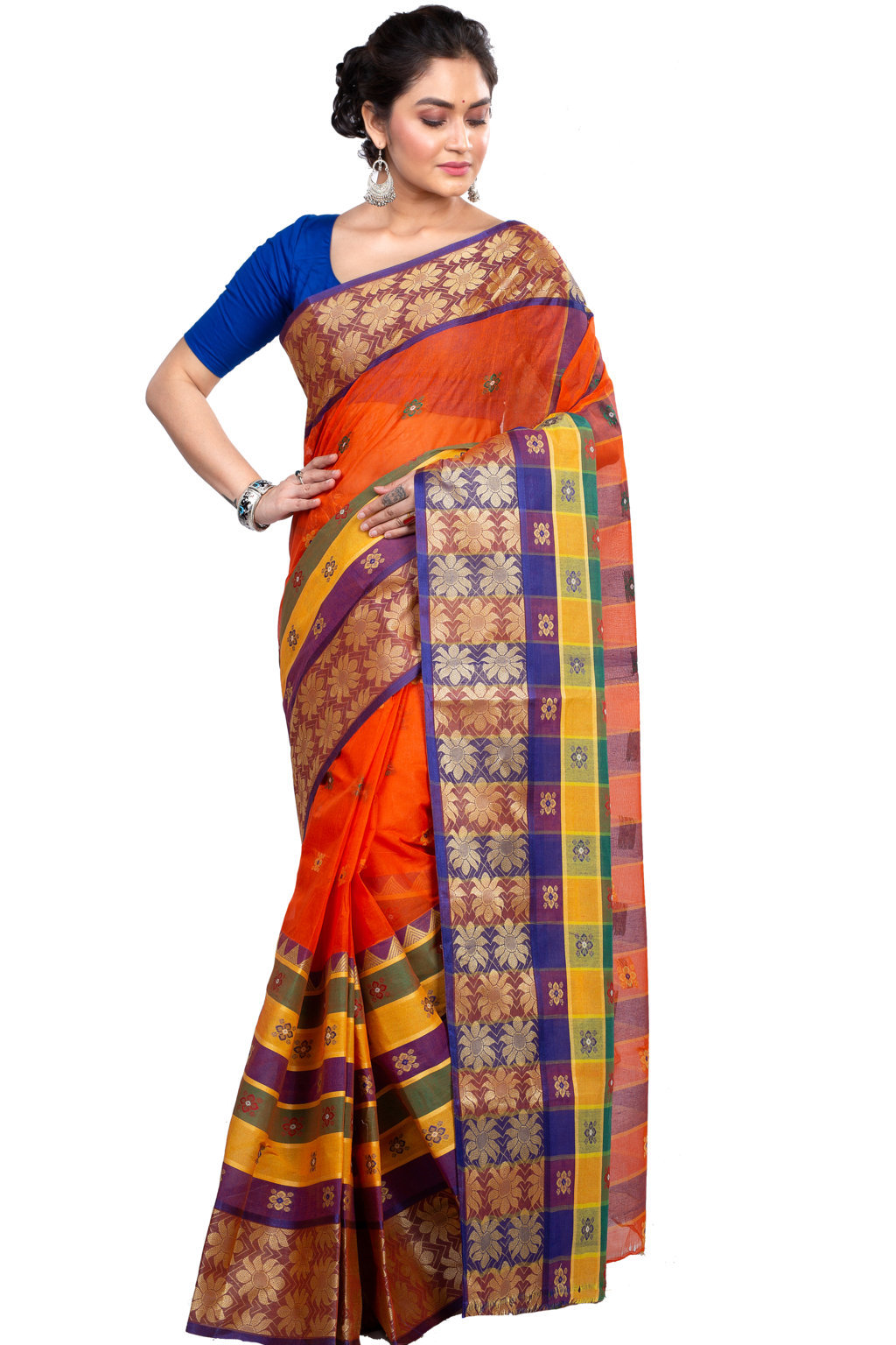 Dark Orange Pure Cotton FulPar Tant Saree (865)
