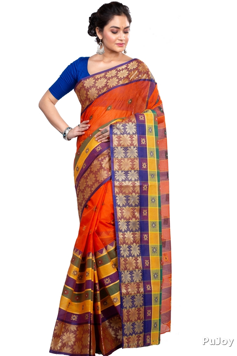Dark Orange Pure Cotton FulPar Tant Saree (865)