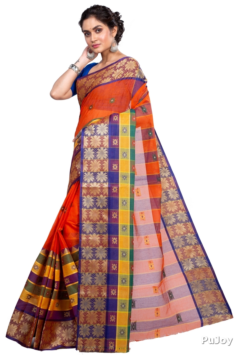 Dark Orange Pure Cotton FulPar Tant Saree (865)