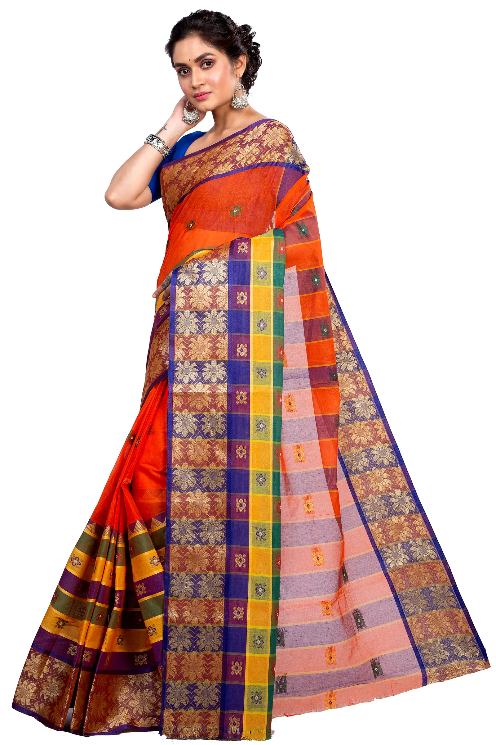 Dark Orange Pure Cotton FulPar Tant Saree (865)