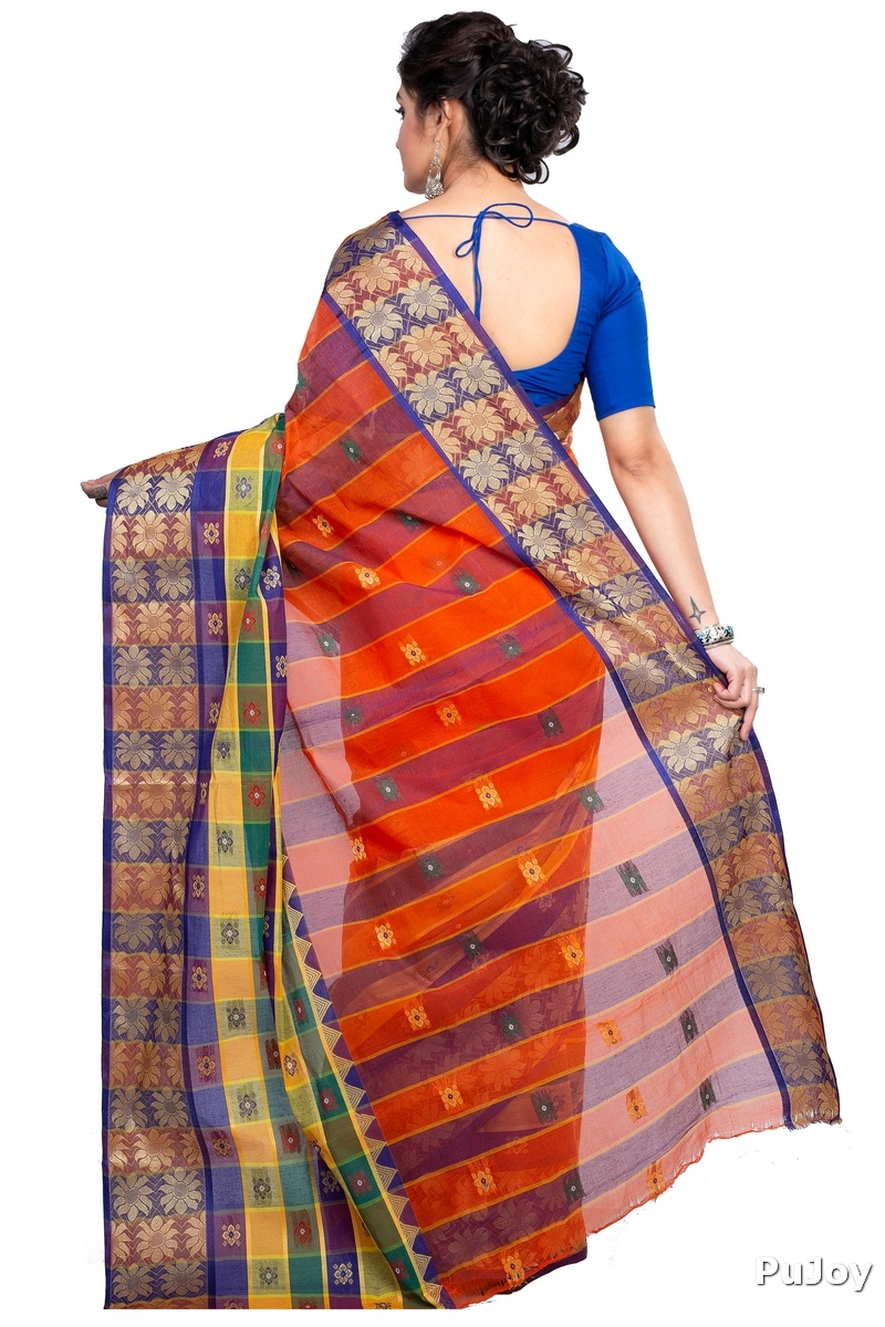 Dark Orange Pure Cotton FulPar Tant Saree (865)