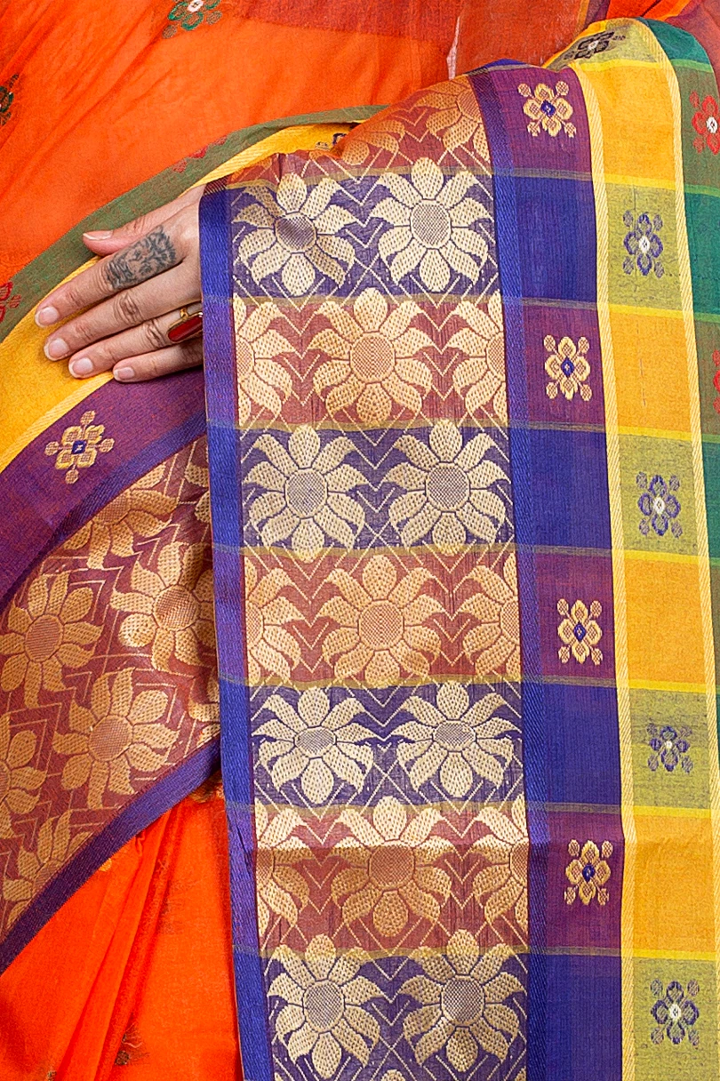 Dark Orange Pure Cotton FulPar Tant Saree (865)
