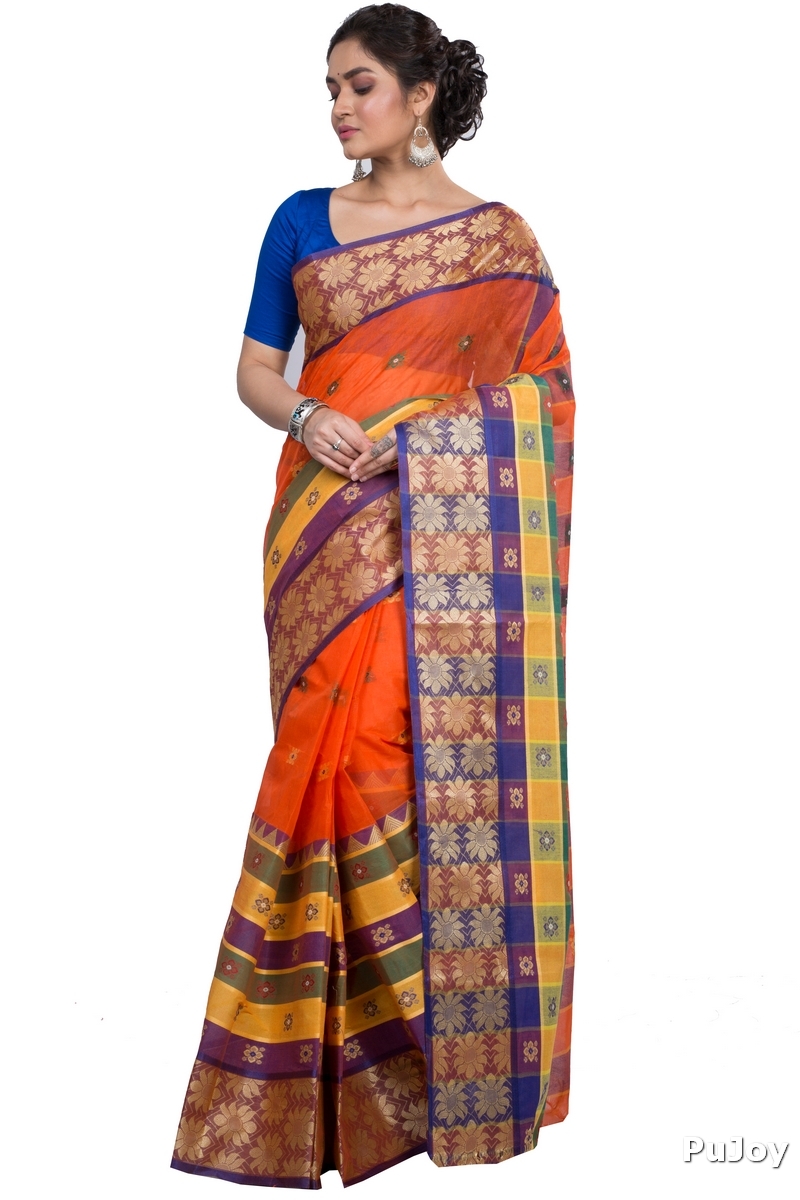 Dark Orange Pure Cotton FulPar Tant Saree (865)