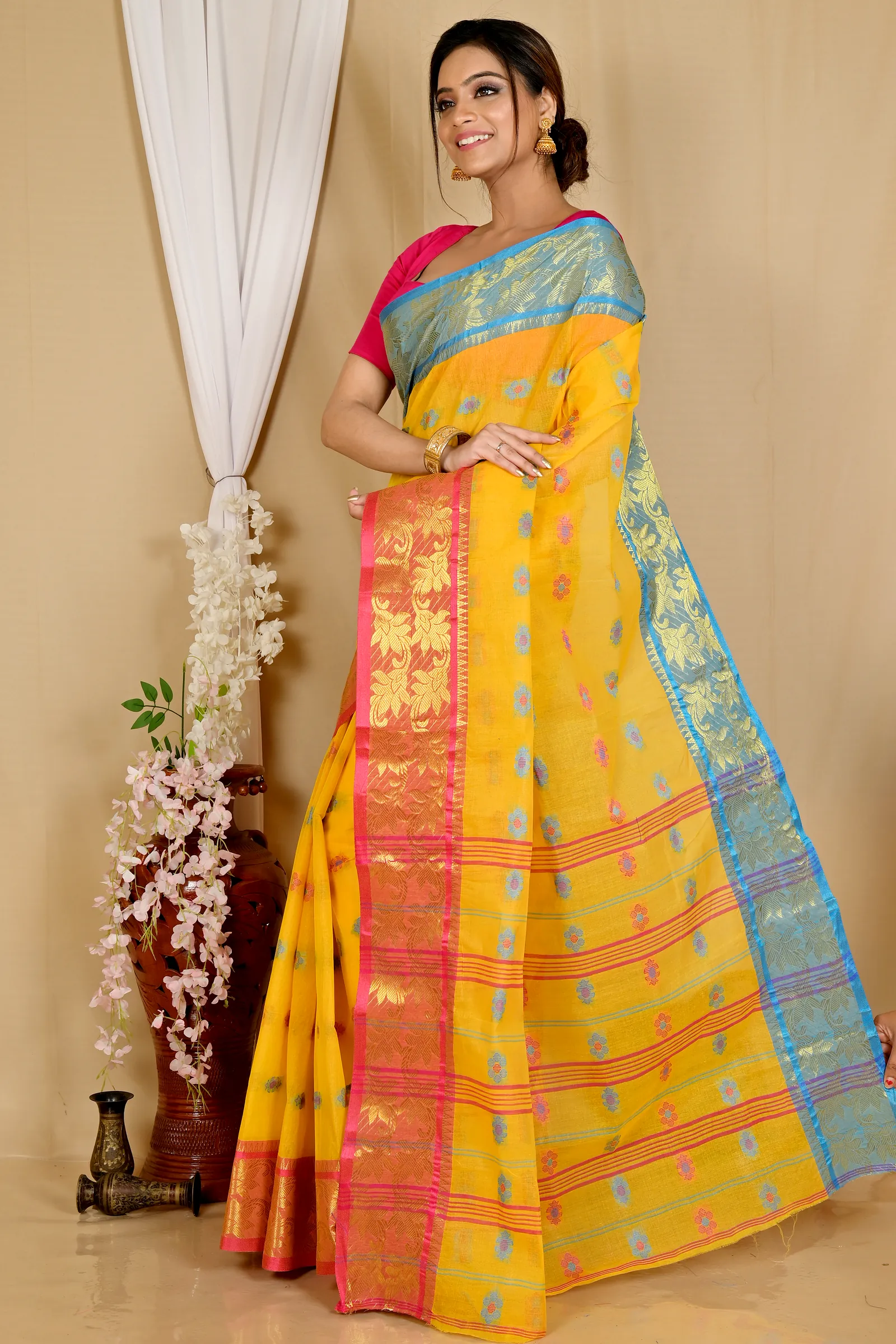 Yellow Pure Cotton Dui_Has Tant Saree (870)