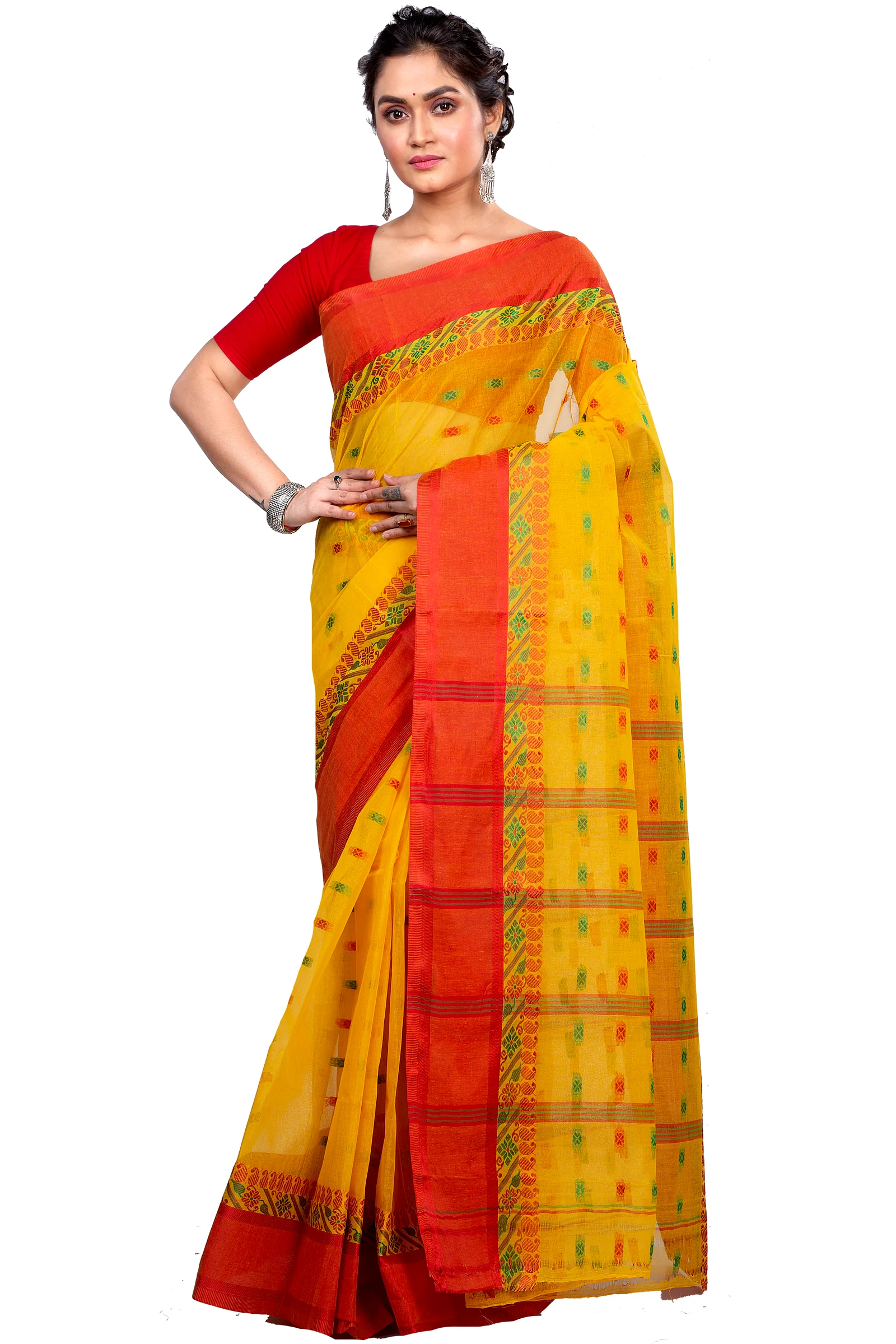 Yellow Pure Cotton ToraPar Tant Saree (878)