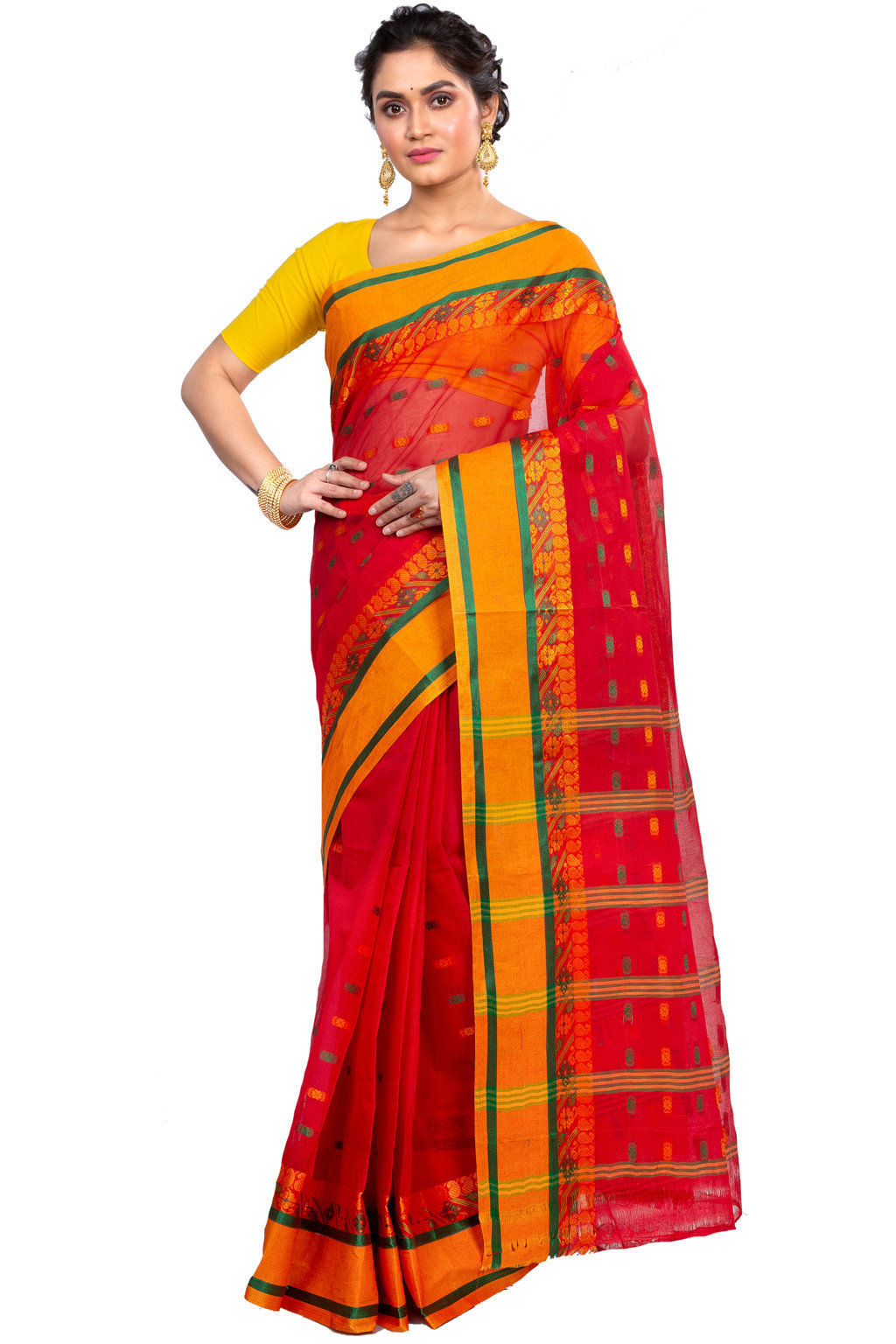 Red Pure Cotton ToraPar Tant Saree (879)