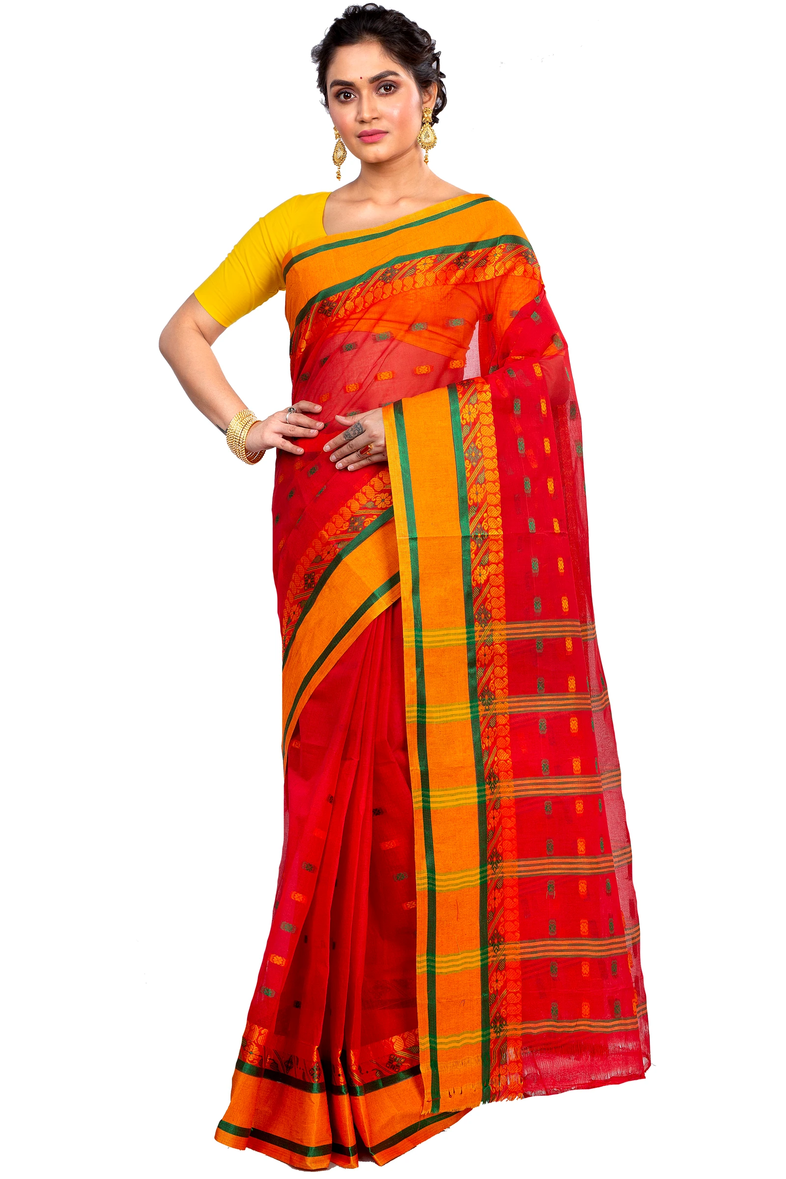 Red Pure Cotton ToraPar Tant Saree (879)