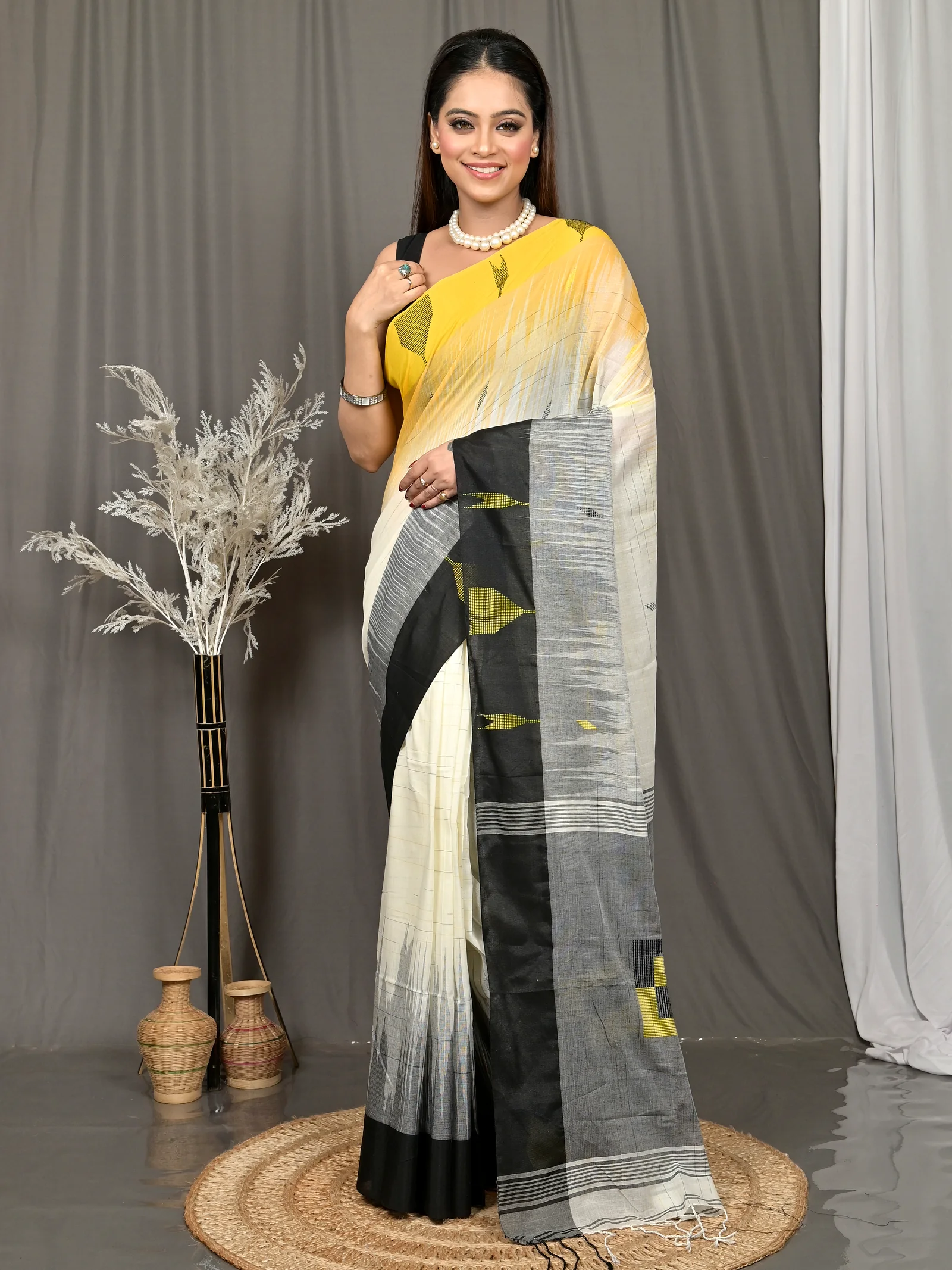 Black Yellow Cotton Soumon Kotki Saree  (89)