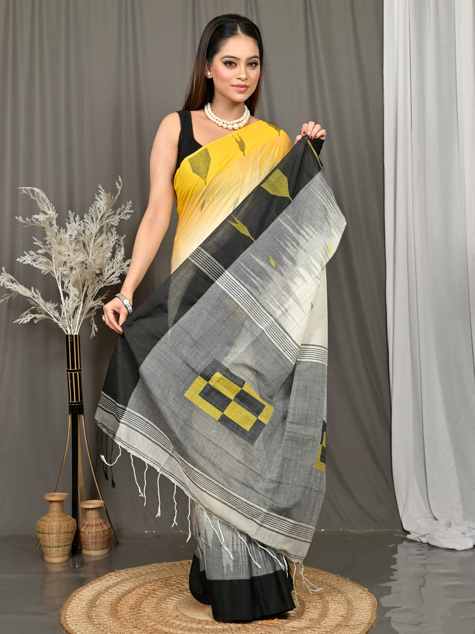 Black Yellow Cotton Soumon Kotki Saree  (89)