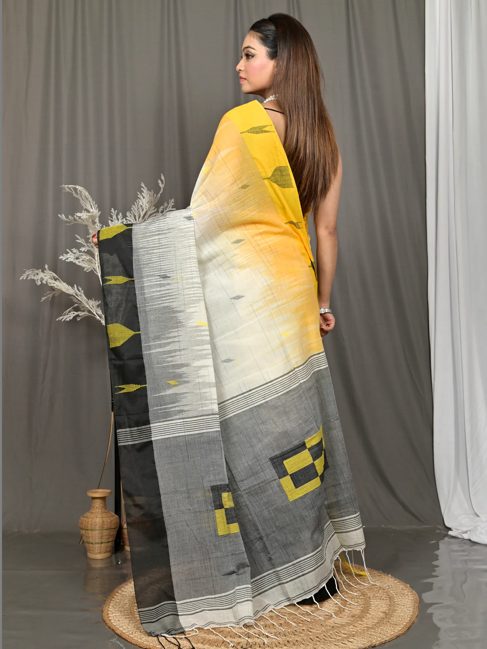 Black Yellow Cotton Soumon Kotki Saree  (89)