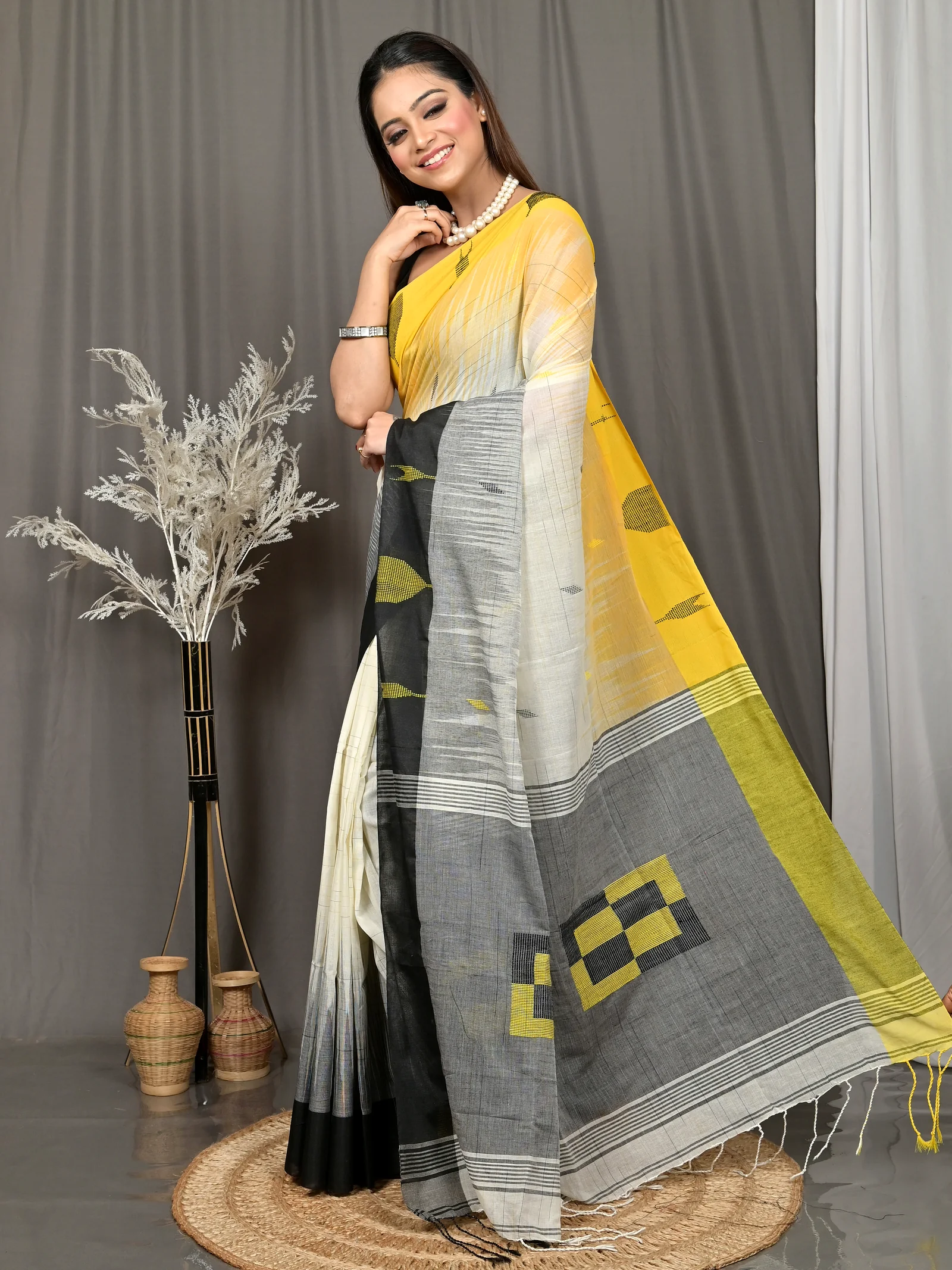 Black Yellow Cotton Soumon Kotki Saree  (89)