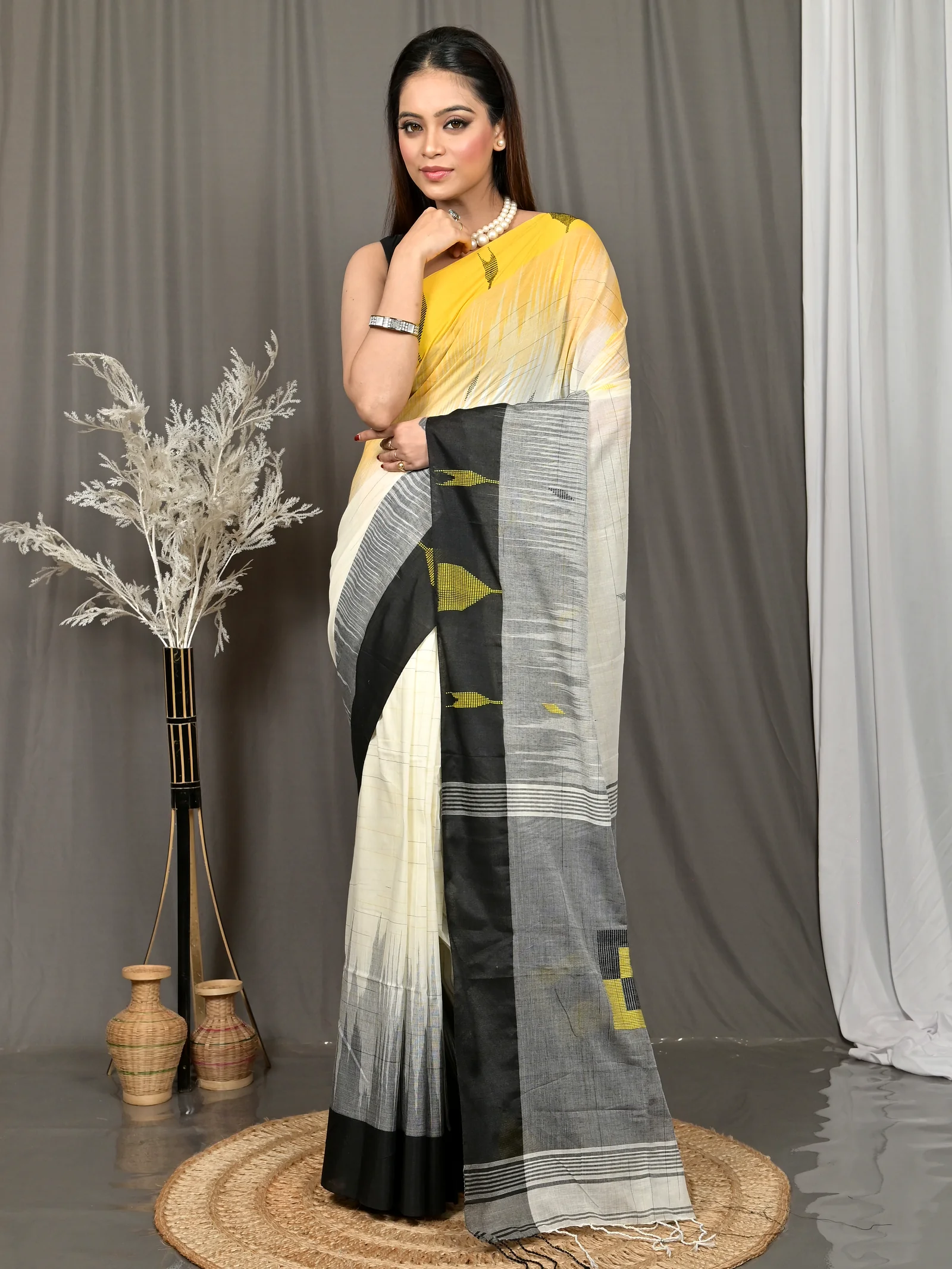 Black Yellow Cotton Soumon Kotki Saree  (89)