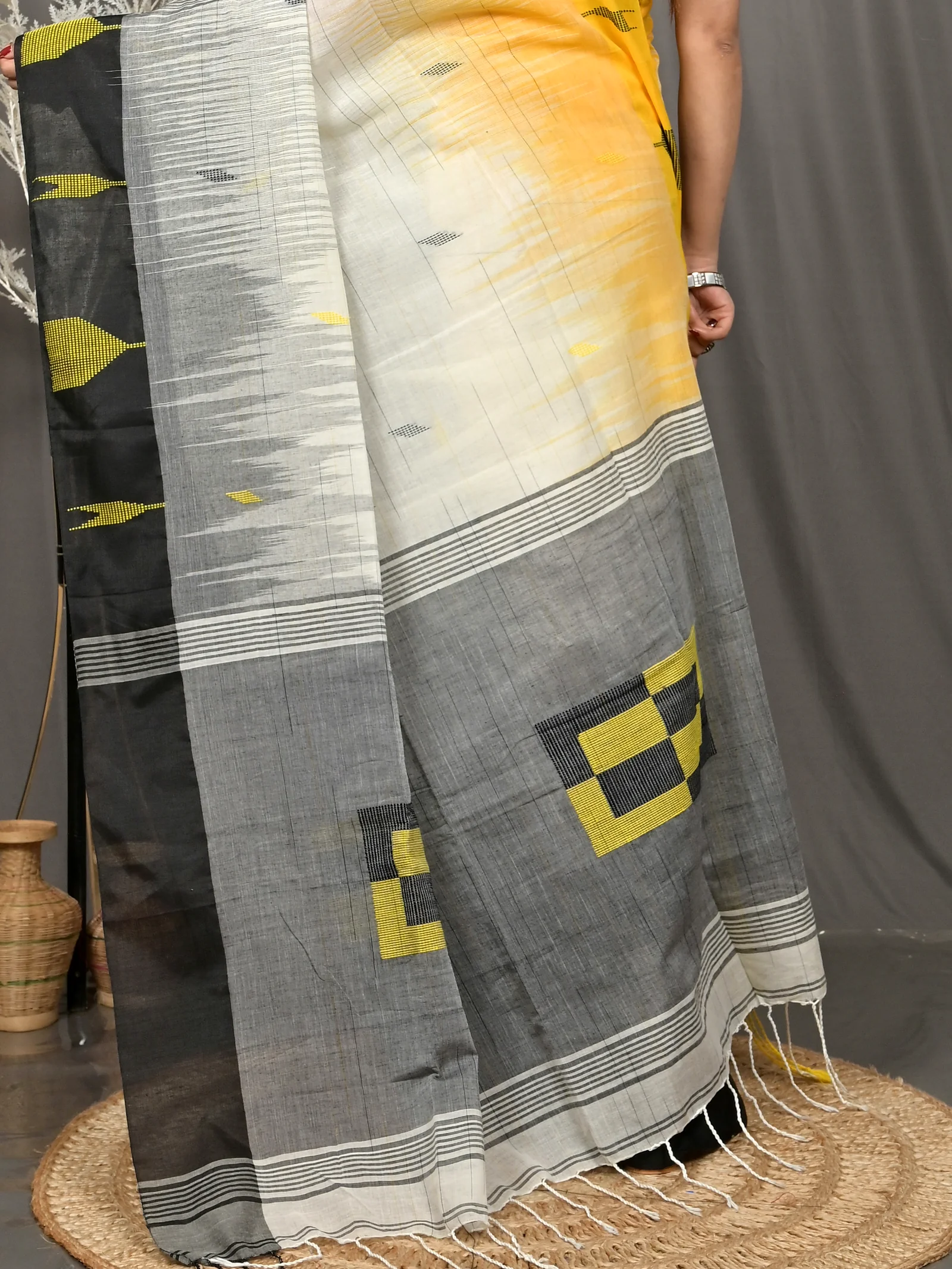 Black Yellow Cotton Soumon Kotki Saree  (89)