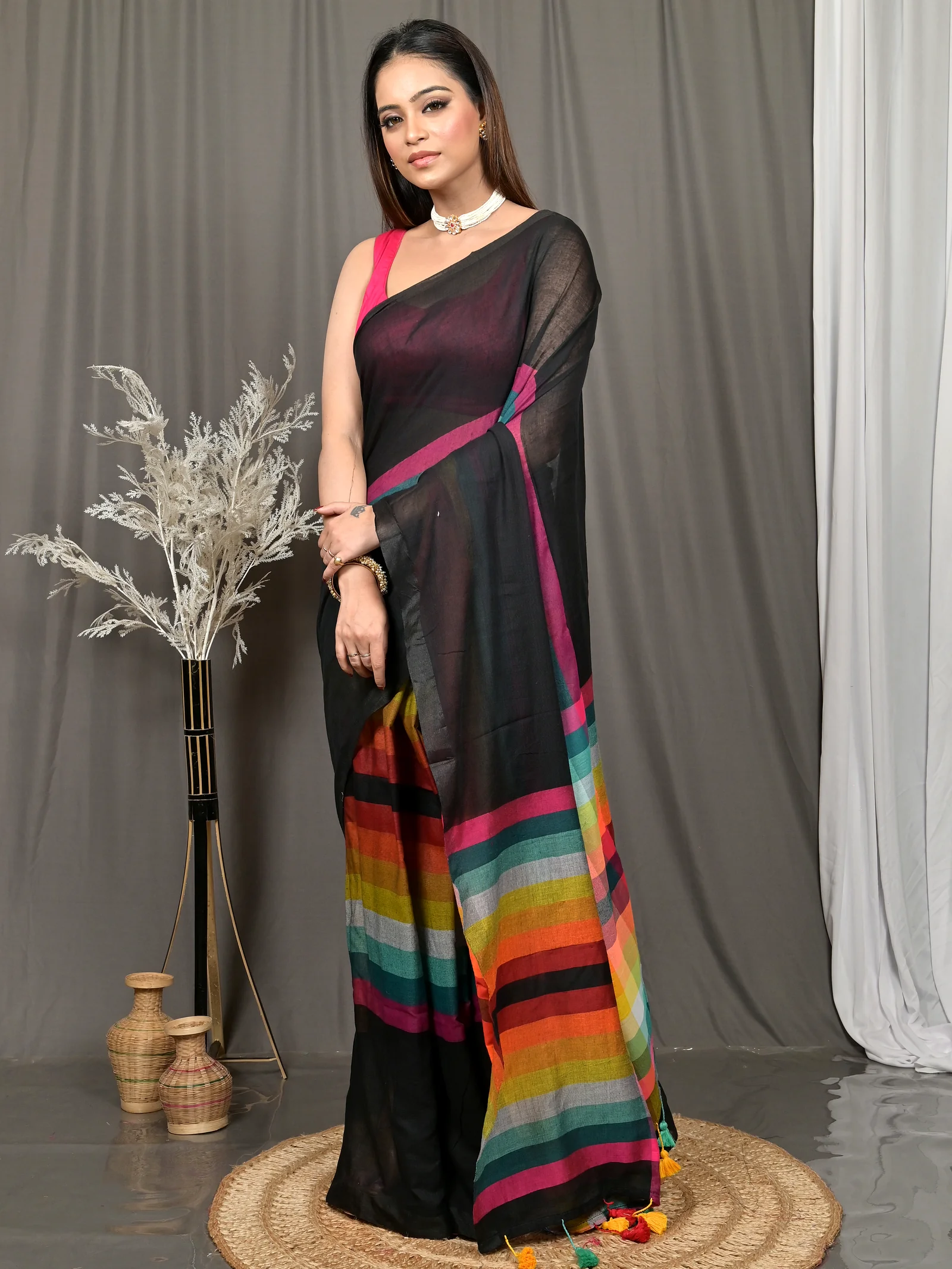 Black Cotton Sounur Handloom Saree  (90)