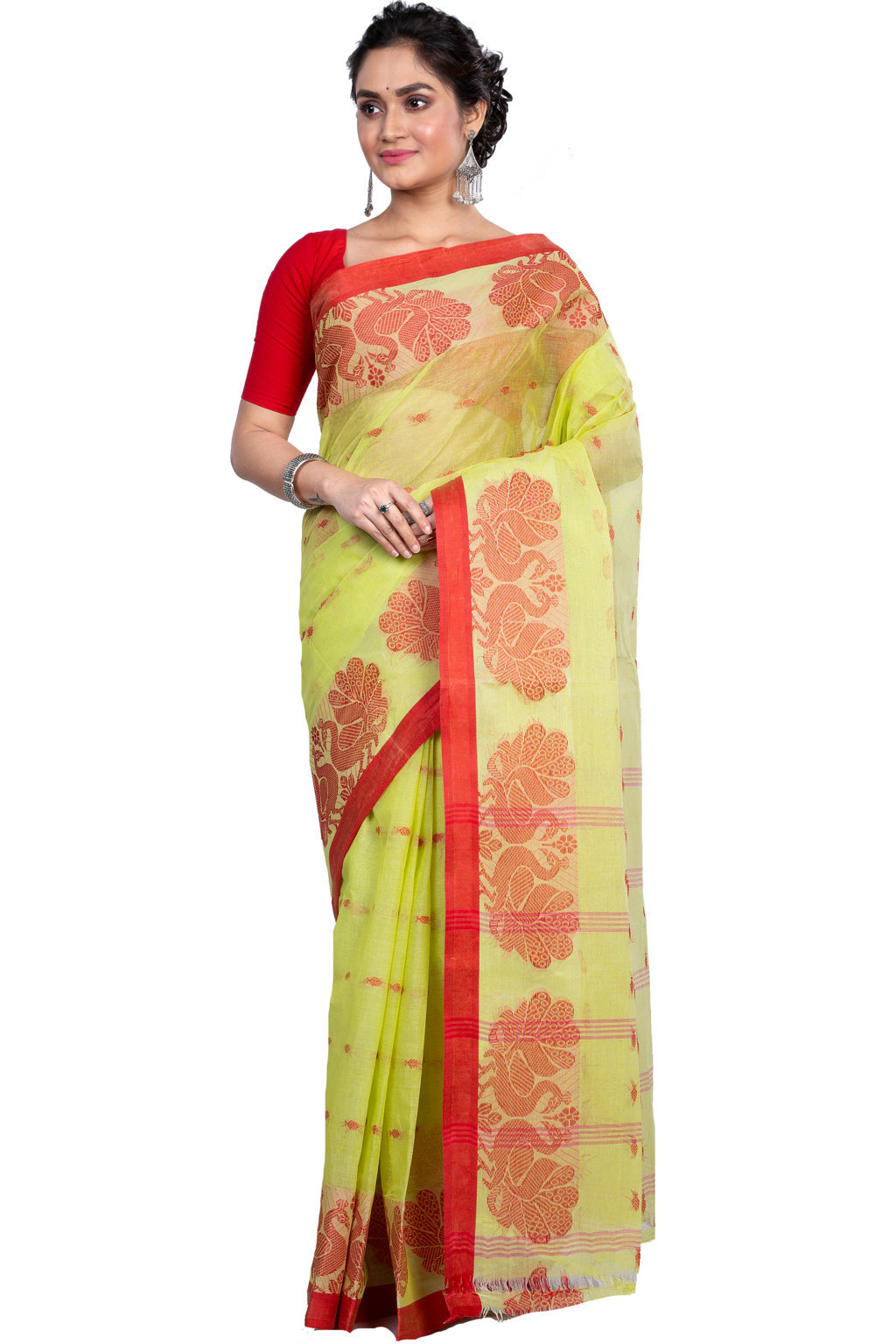 Light Green Pure Cotton MOYUR PAR Tant Saree (900)