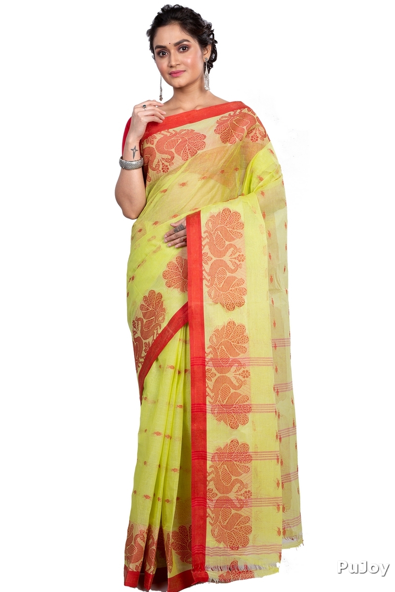 Light Green Pure Cotton MOYUR PAR Tant Saree (900)