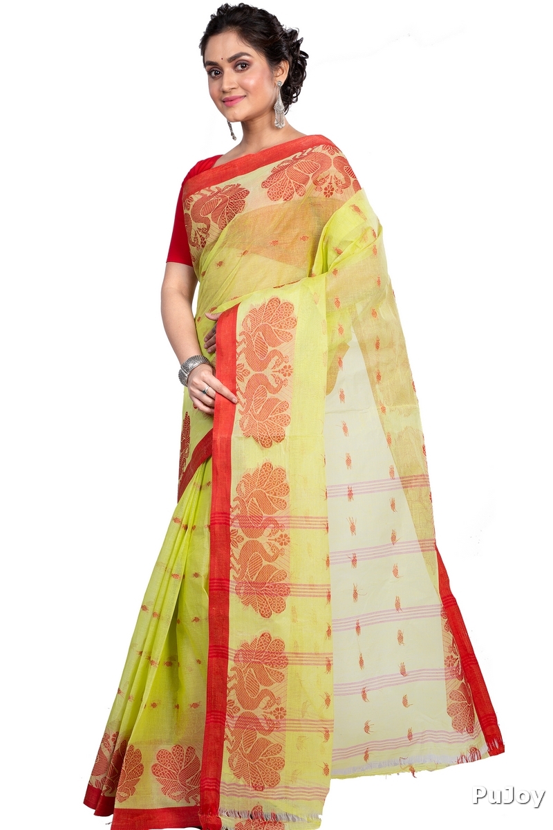 Light Green Pure Cotton MOYUR PAR Tant Saree (900)