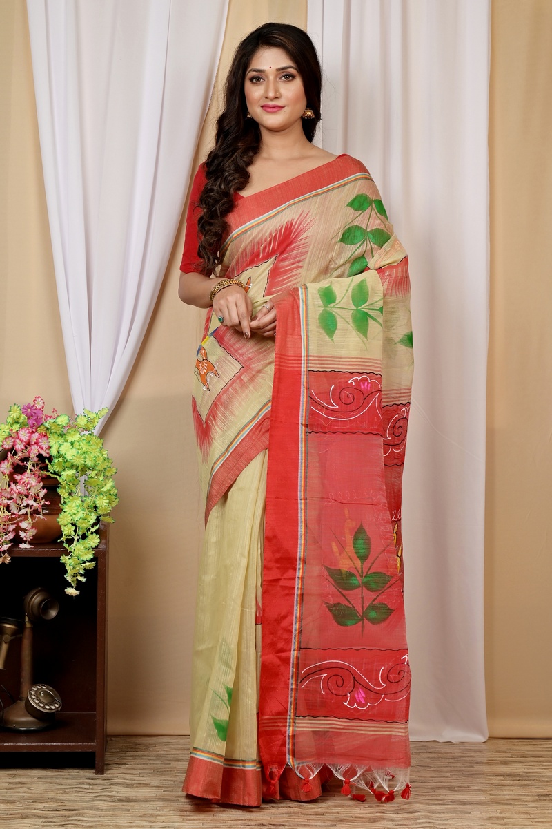 Cream Red Blended Cotton Albela Hand Painted Saree (9001)