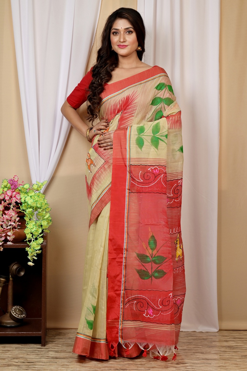 Cream Red Blended Cotton Albela Hand Painted Saree (9001)