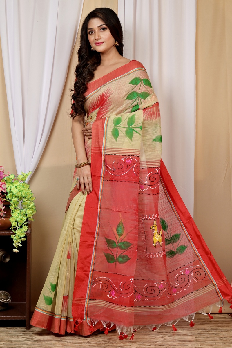 Cream Red Blended Cotton Albela Hand Painted Saree (9001)