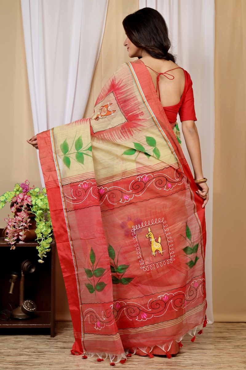 Cream Red Blended Cotton Albela Hand Painted Saree (9001)