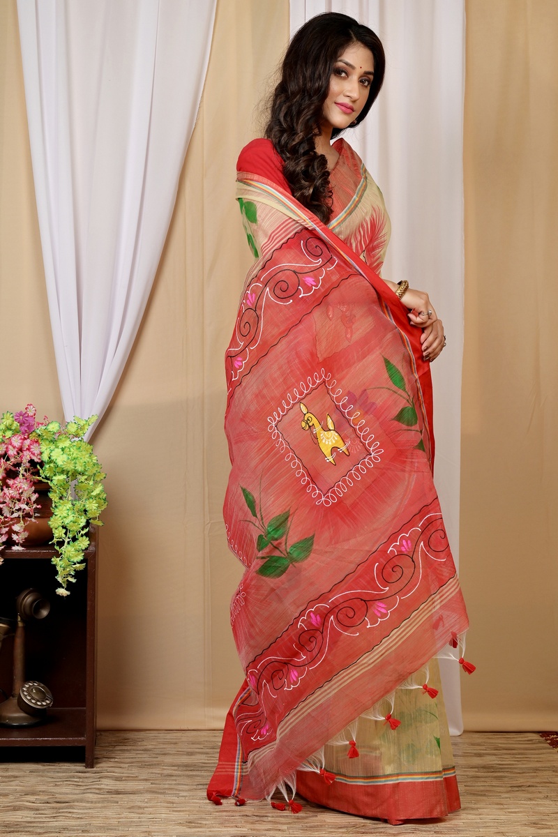 Cream Red Blended Cotton Albela Hand Painted Saree (9001)