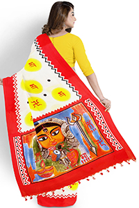 Cream Red Blended Cotton Albela Hand Painted Saree (9001)