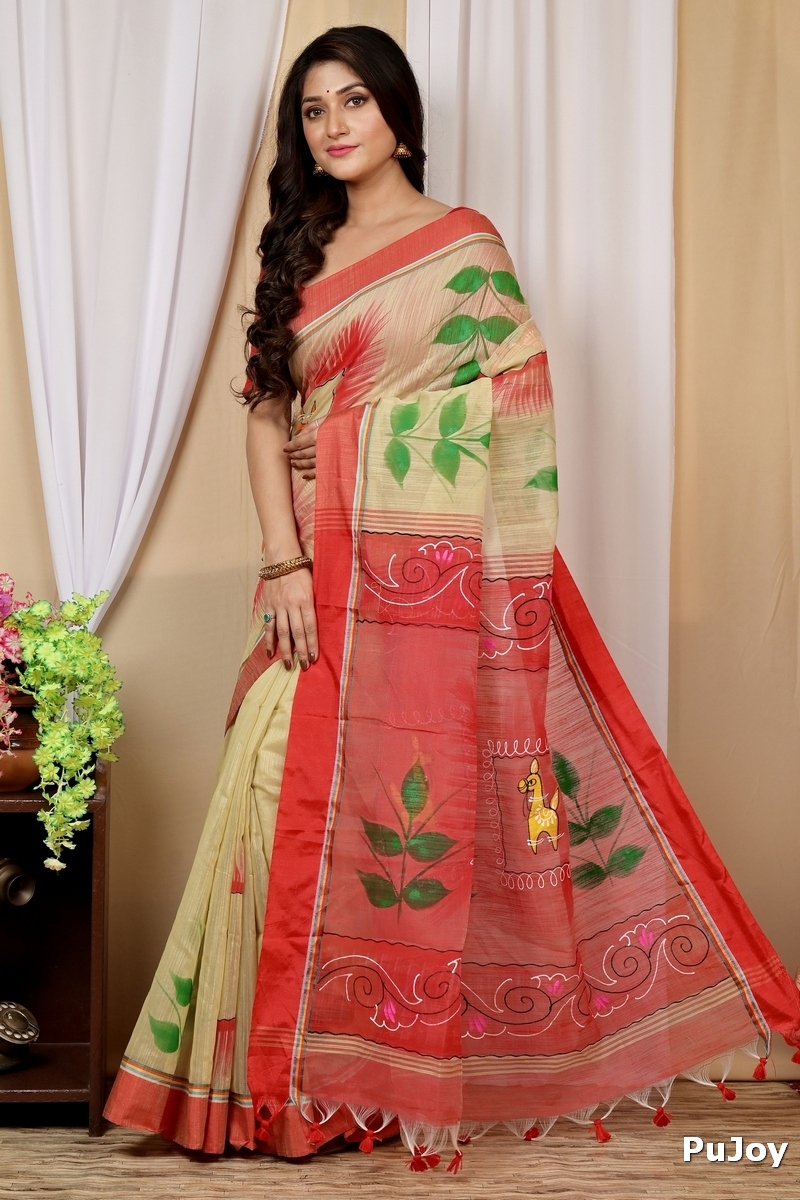 Cream Red Blended Cotton Albela Hand Painted Saree (9001)