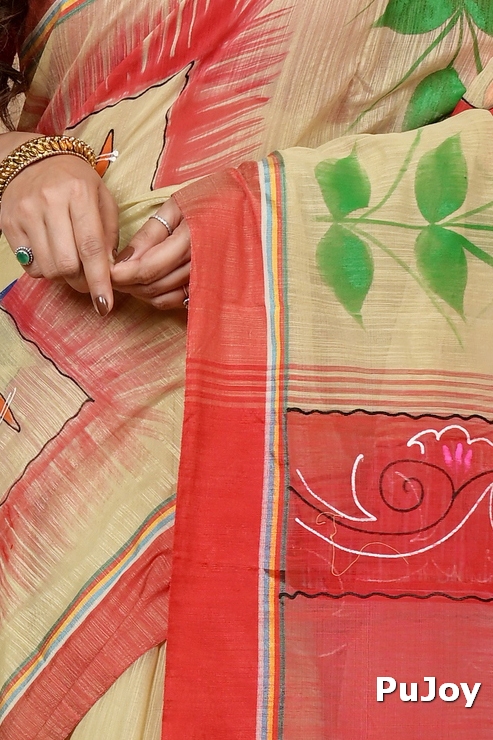 Cream Red Blended Cotton Albela Hand Painted Saree (9001)