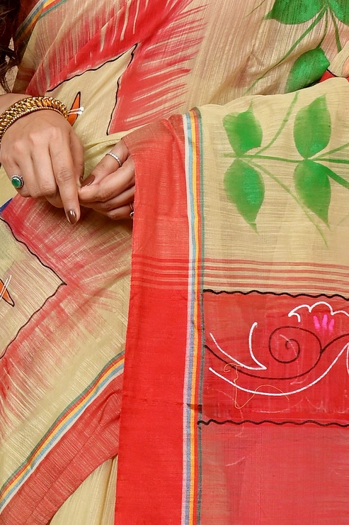 Cream Red Blended Cotton Albela Hand Painted Saree (9001)