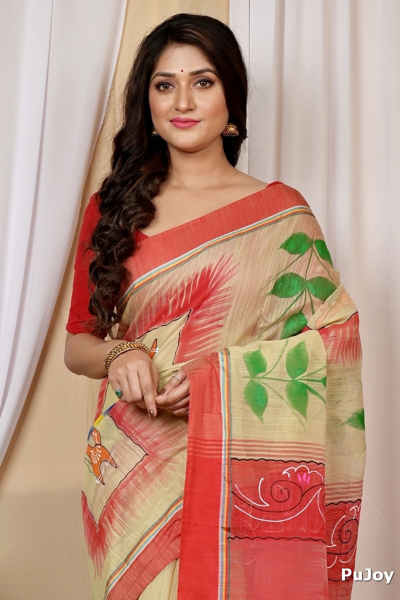 Cream Red Blended Cotton Albela Hand Painted Saree (9001)