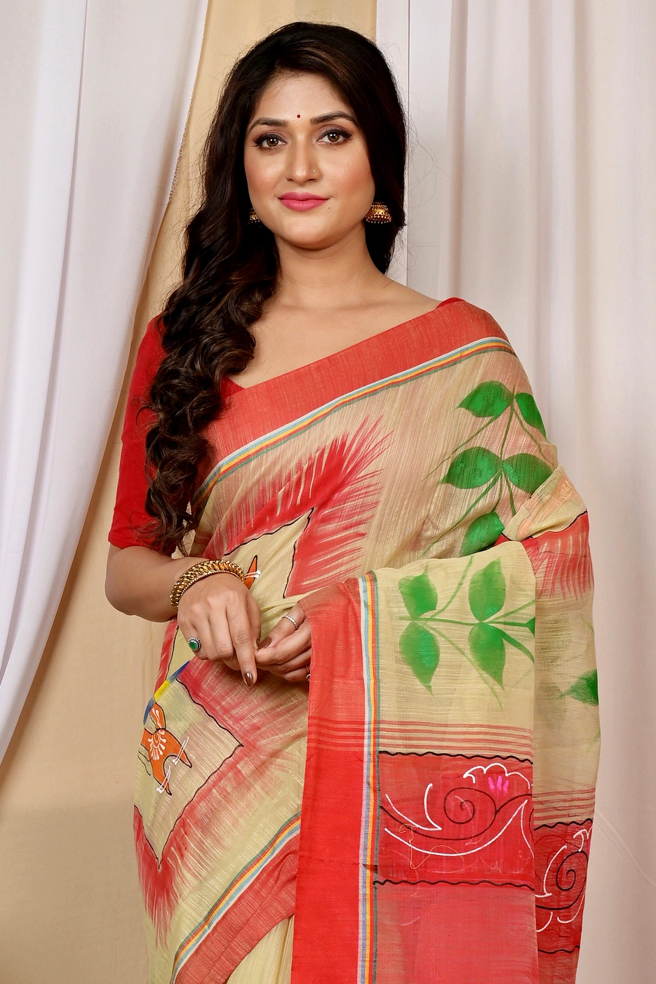 Cream Red Blended Cotton Albela Hand Painted Saree (9001)