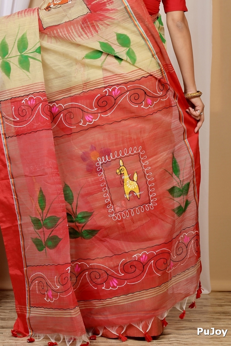 Cream Red Blended Cotton Albela Hand Painted Saree (9001)