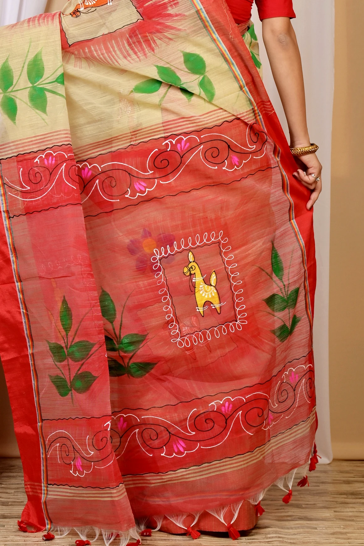 Cream Red Blended Cotton Albela Hand Painted Saree (9001)