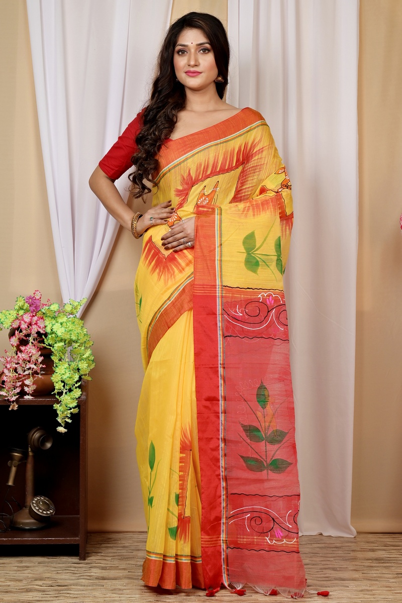 Yellow Red Blended Cotton Albela Hand Painted Saree (9002)
