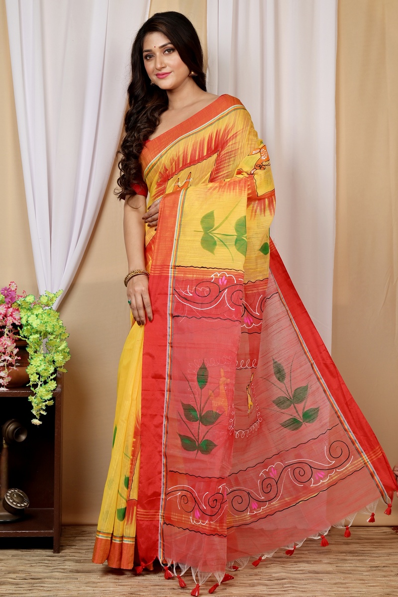 Yellow Red Blended Cotton Albela Hand Painted Saree (9002)