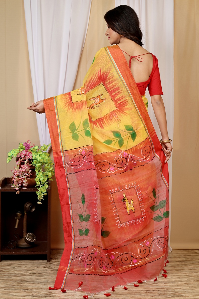Yellow Red Blended Cotton Albela Hand Painted Saree (9002)