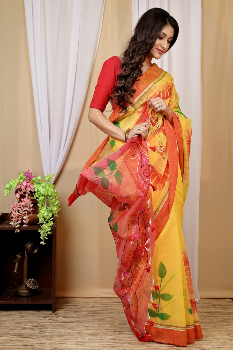 Yellow Red Blended Cotton Albela Hand Painted Saree (9002)