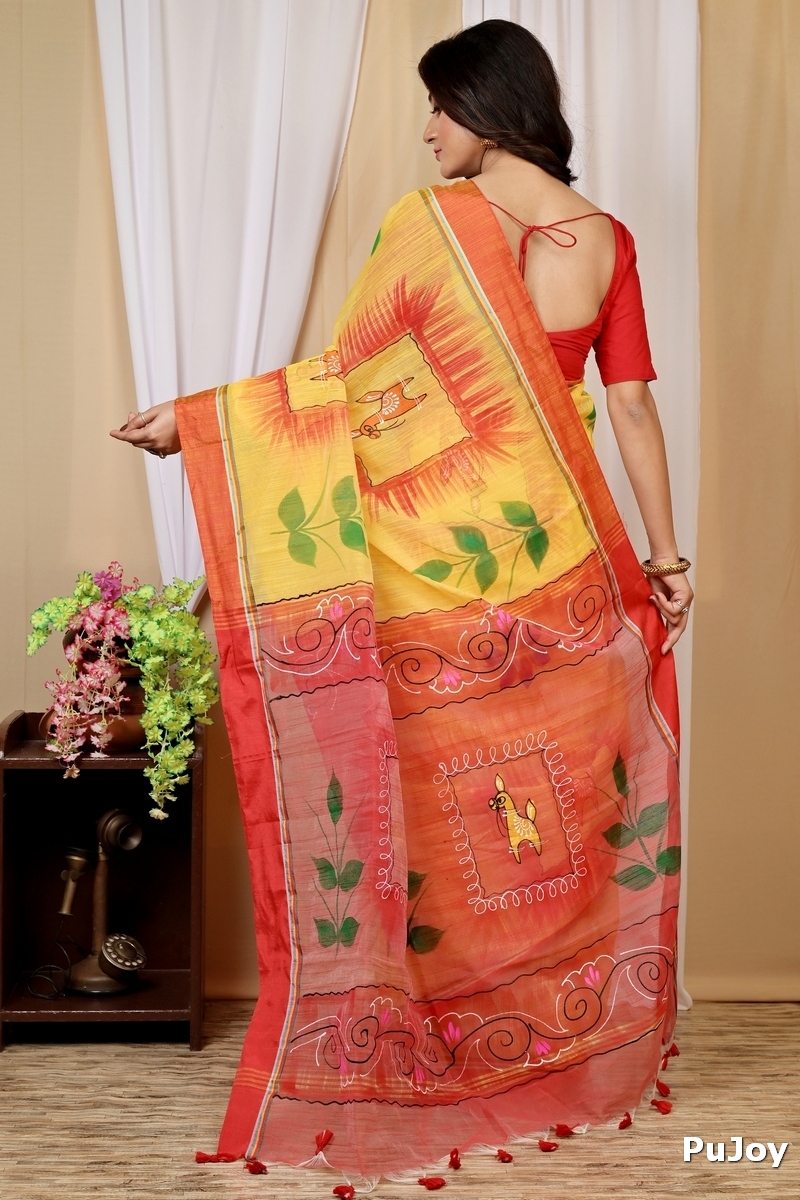 Yellow Red Blended Cotton Albela Hand Painted Saree (9002)