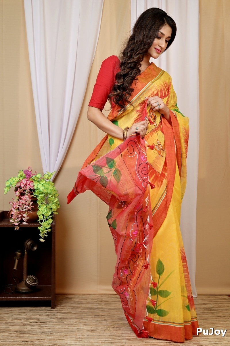 Yellow Red Blended Cotton Albela Hand Painted Saree (9002)