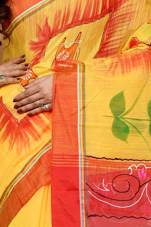 Yellow Red Blended Cotton Albela Hand Painted Saree (9002)