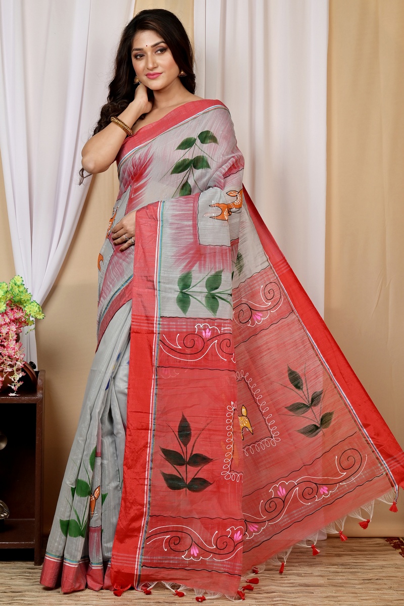 Grey Red Blended Cotton Albela Hand Painted Saree (9003)