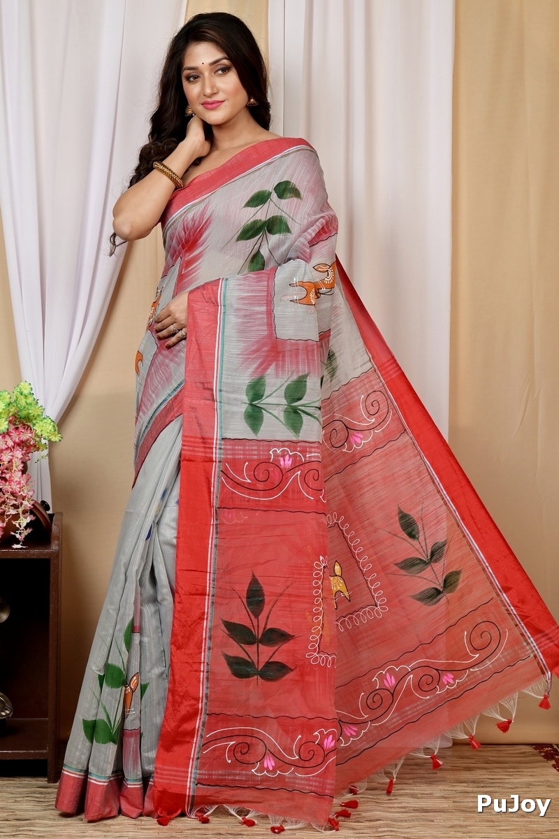 Grey Red Blended Cotton Albela Hand Painted Saree (9003)